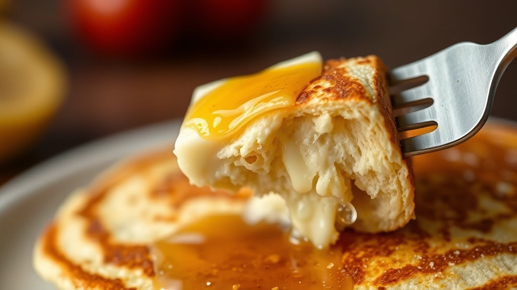 detail: close-up of cut pancake showing fluffy tender interior, fork lifting piece with butter melting into layers, maple syrup pooling, macro photography with shallow depth of field