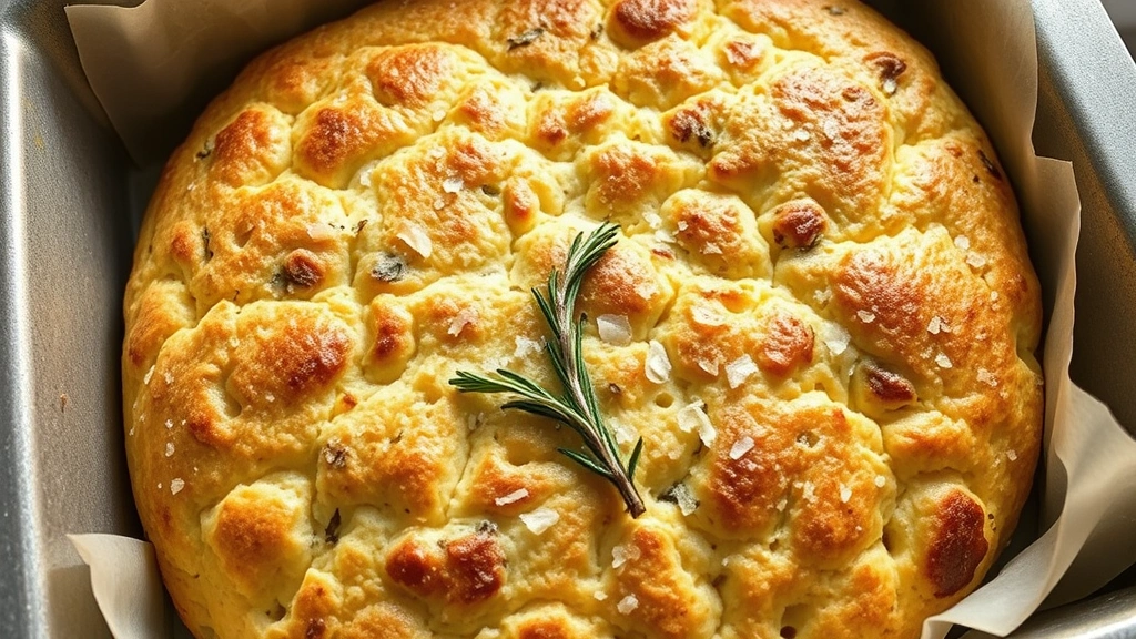 hero: golden-brown sourdough discard focaccia in baking pan, dimpled surface with olive oil rosemary and sea salt, photorealistic, natural window light, no text