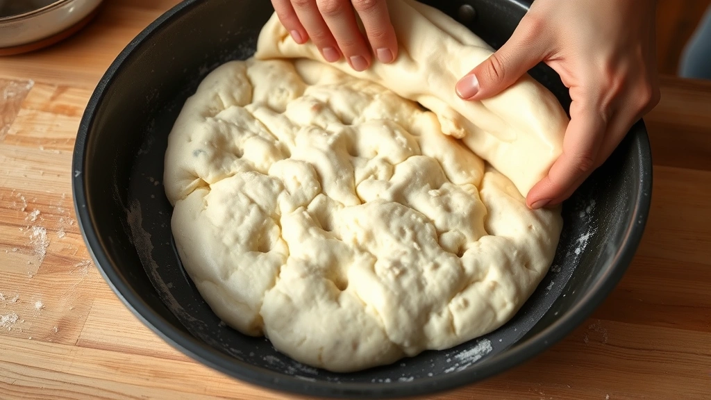 process: hands stretching and dimpling focaccia dough in oiled pan, showing characteristic indentations, photorealistic, natural kitchen light, no text