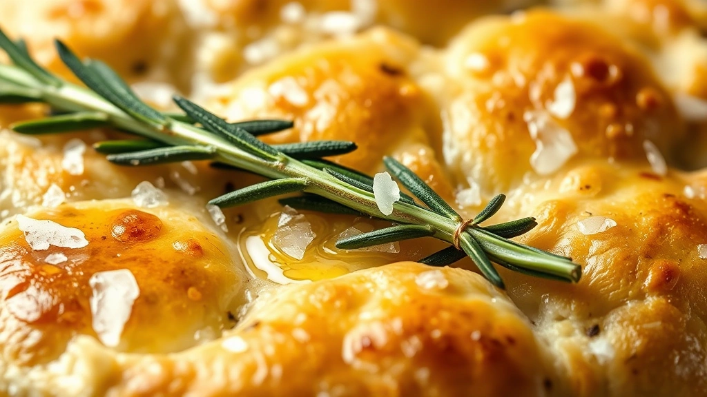 detail: close-up of focaccia crust with glistening olive oil, fresh rosemary sprigs, and flaky sea salt crystals, photorealistic, natural light, no text