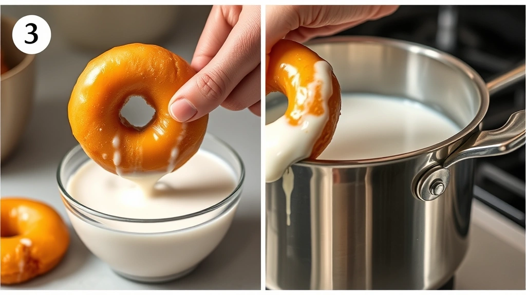 process: hand dipping warm donut into white glaze with thermometer visible in oil pot, photorealistic, natural kitchen light, no text