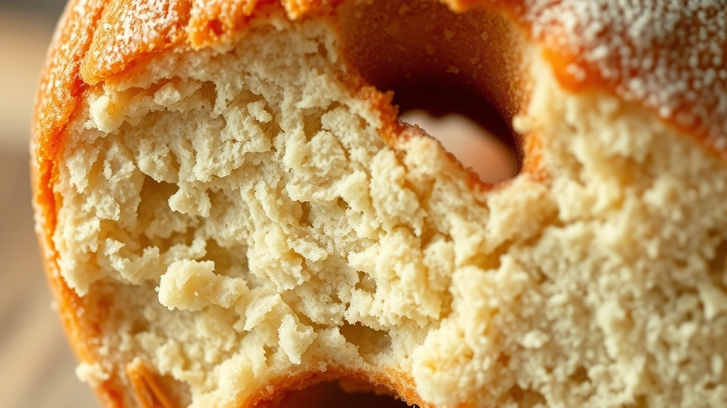 detail: close-up cross-section of sourdough donut showing airy crumb structure and golden exterior, photorealistic, macro photography, no text