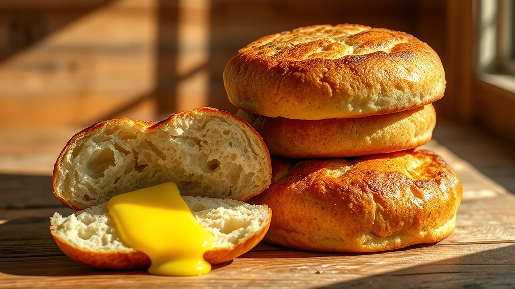 hero: freshly baked sourdough English muffins stacked and split open showing nooks and crannies, golden brown exterior, melted butter dripping, warm natural sunlight streaming across rustic wooden surface, photorealistic, no text