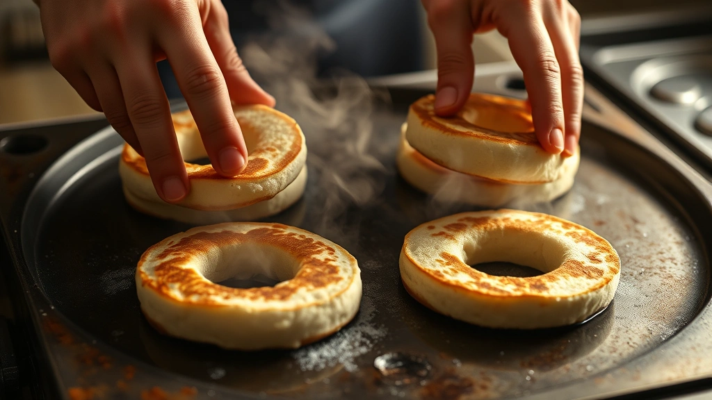 process: hands flipping English muffins in rings on a griddle, steam rising, golden cooking surface, warm kitchen lighting, photorealistic, no text