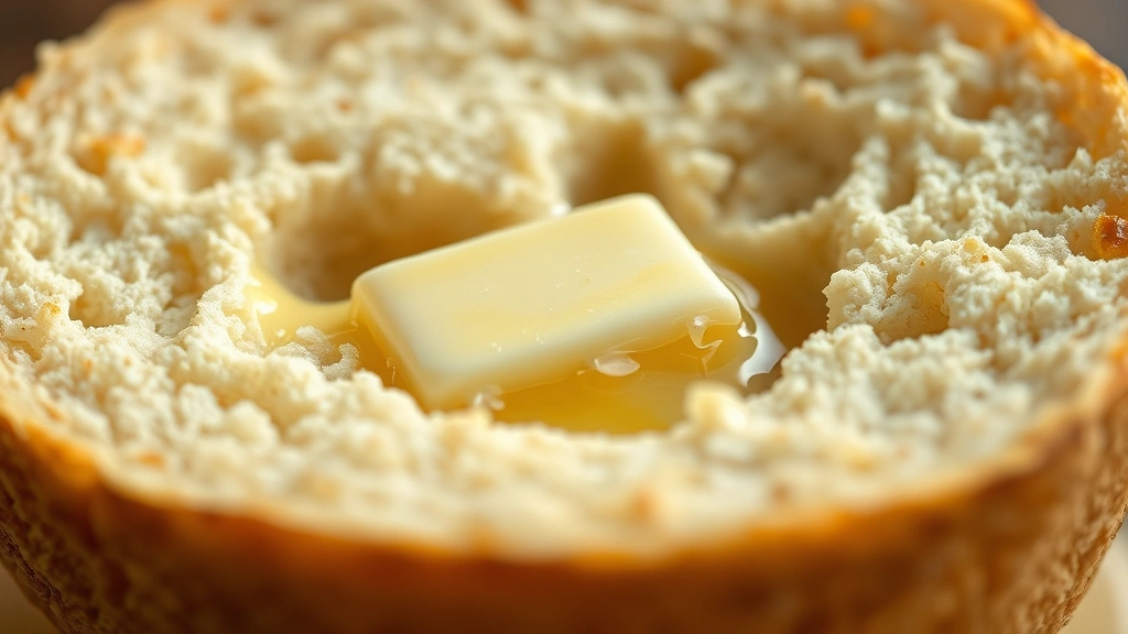 detail: close-up of split English muffin showing interior texture and nooks and crannies, butter melting into crevices, warm natural light, photorealistic, no text