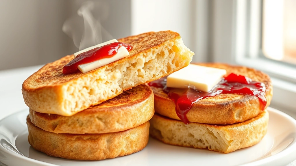 hero: golden brown sourdough English muffins split and stacked, topped with butter and jam, steam rising, warm natural window light, white background