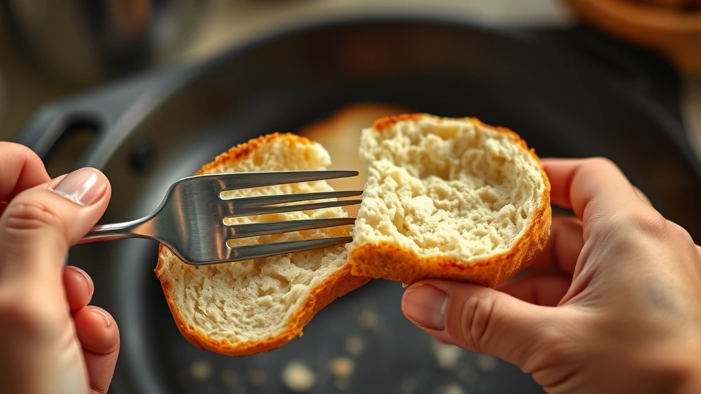 process: hands using fork to split warm English muffin in half, showing interior crumb structure with nooks and crannies, cast iron griddle blurred in background, natural kitchen lighting
