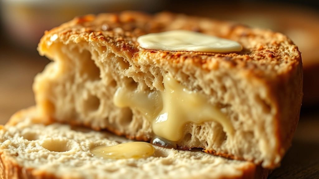 detail: close-up cross-section of split sourdough English muffin showing texture and holes, melting butter on surface, warm golden lighting from side, shallow depth of field