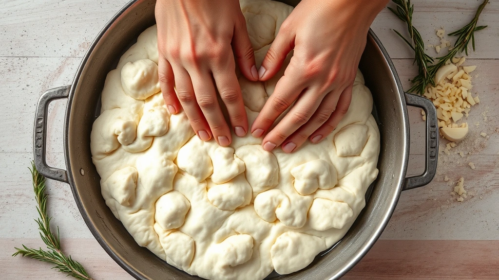 process: hands dimpling raw focaccia dough in oiled pan, fresh rosemary and minced garlic nearby, natural daylight, overhead angle, no text