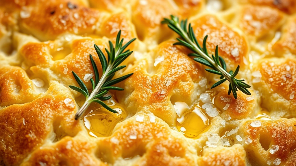 detail: close-up of baked focaccia showing crispy golden crust, olive oil pooled in dimples, fresh rosemary sprigs and coarse sea salt crystals, warm natural lighting, shallow depth of field, no text