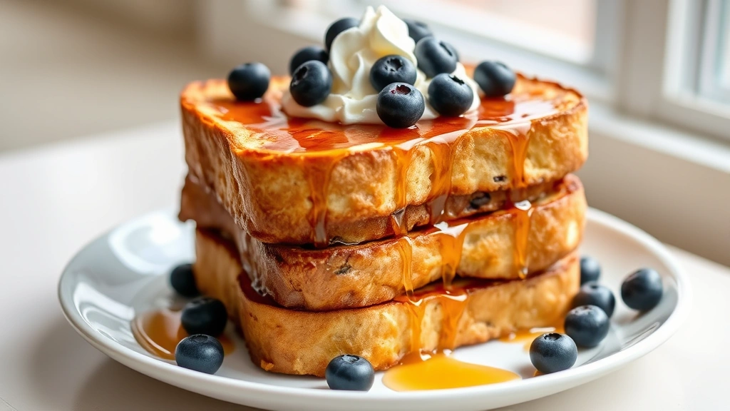 hero: golden-brown sourdough French toast stacked on a white plate, topped with fresh blueberries, whipped cream, and maple syrup drizzle, soft natural window light, no text or watermarks