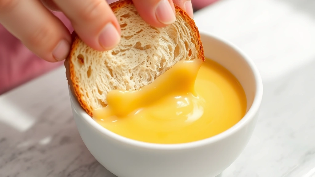 process: close-up of bread slice being dipped into golden custard mixture in a shallow white bowl, hands visible, natural daylight, no text