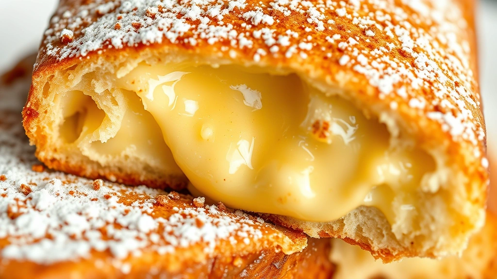 detail: cross-section of cooked sourdough French toast showing custardy interior and crispy golden edges, dusted with powdered sugar and cinnamon, macro photography, natural light, no text