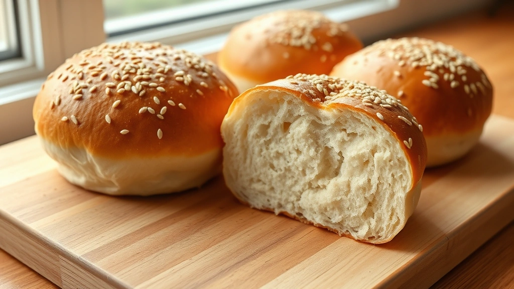hero: golden-brown sourdough hamburger buns with sesame seeds on a wooden cutting board, one bun split in half showing soft fluffy interior, photorealistic, natural window light, no text
