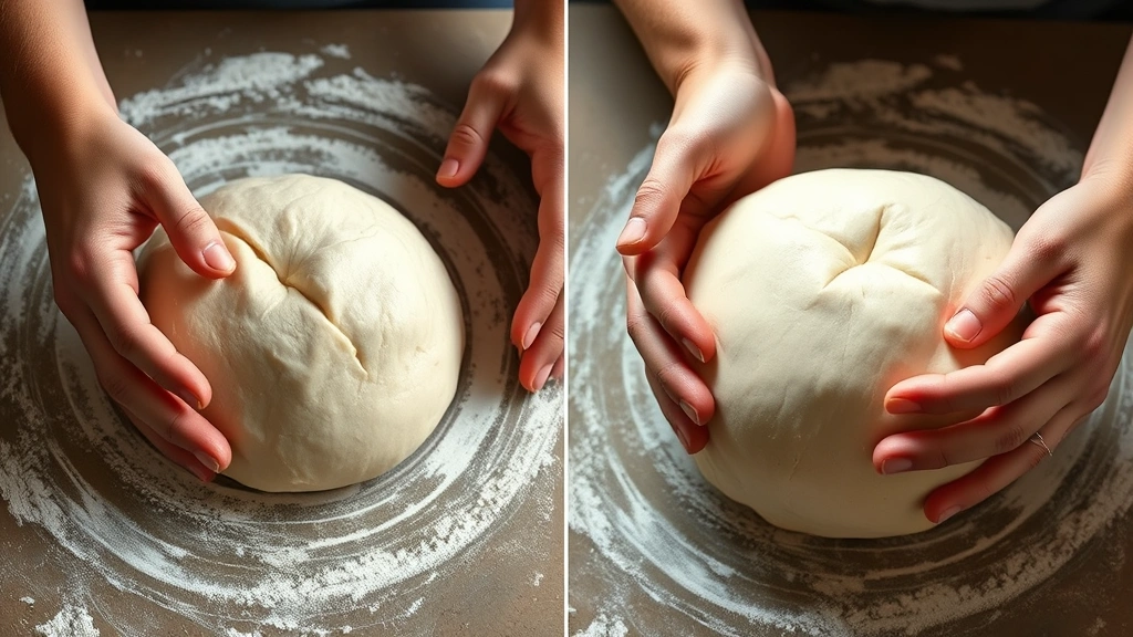 process: hands shaping sourdough dough into round bun shapes on floured surface, showing proper tension and technique, photorealistic, natural light, no text