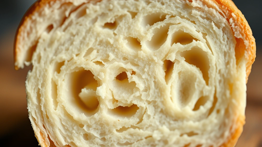 detail: close-up cross-section of fresh sourdough hamburger bun showing intricate crumb structure and air pockets, photorealistic, natural light, no text