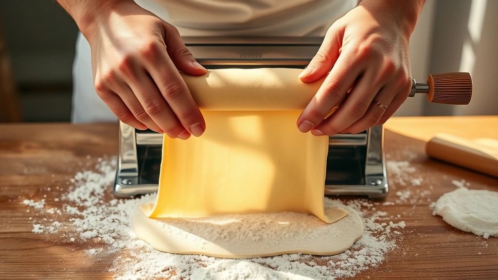 process: hands rolling sourdough pasta dough through machine, thin translucent sheet of dough emerging, flour dusting, pasta maker on wooden surface, afternoon sunlight, action shot
