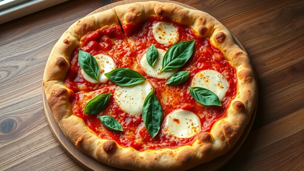 hero: Golden-brown sourdough pizza with fresh basil, melted mozzarella, and tomato sauce, photographed from above on a wooden surface with natural window light, photorealistic, no text