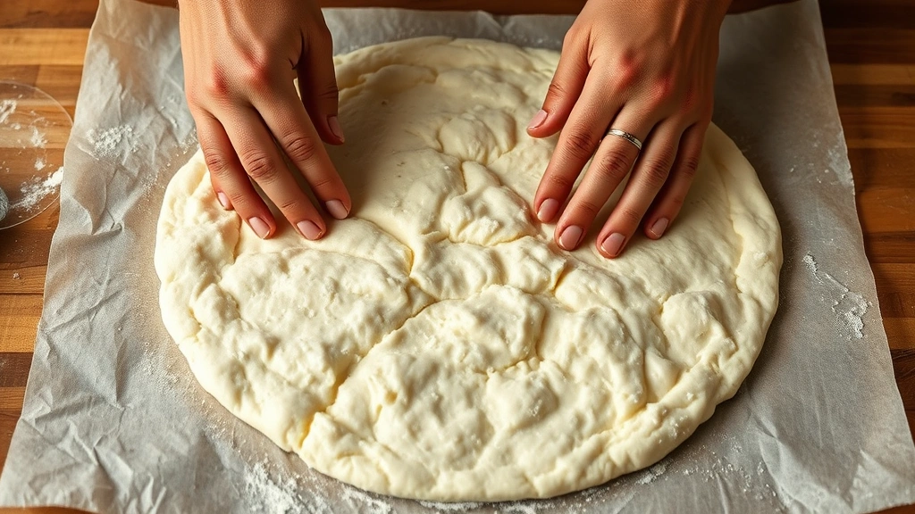 process: Hands stretching and shaping sourdough pizza dough on parchment paper, showing the texture and airiness of properly fermented dough, natural light, photorealistic, no text