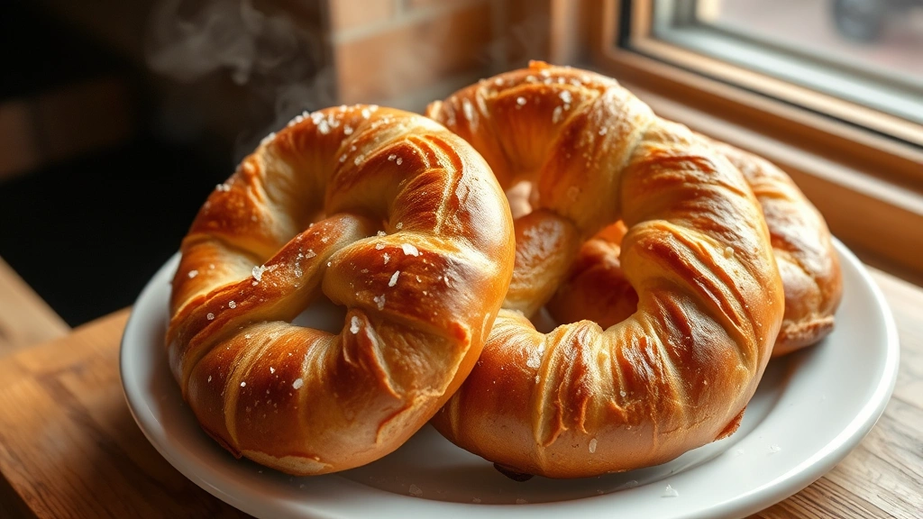 hero: golden-brown sourdough pretzels on white plate with coarse sea salt crystals, fresh from oven, steam rising, warm natural window light, bakery-style presentation