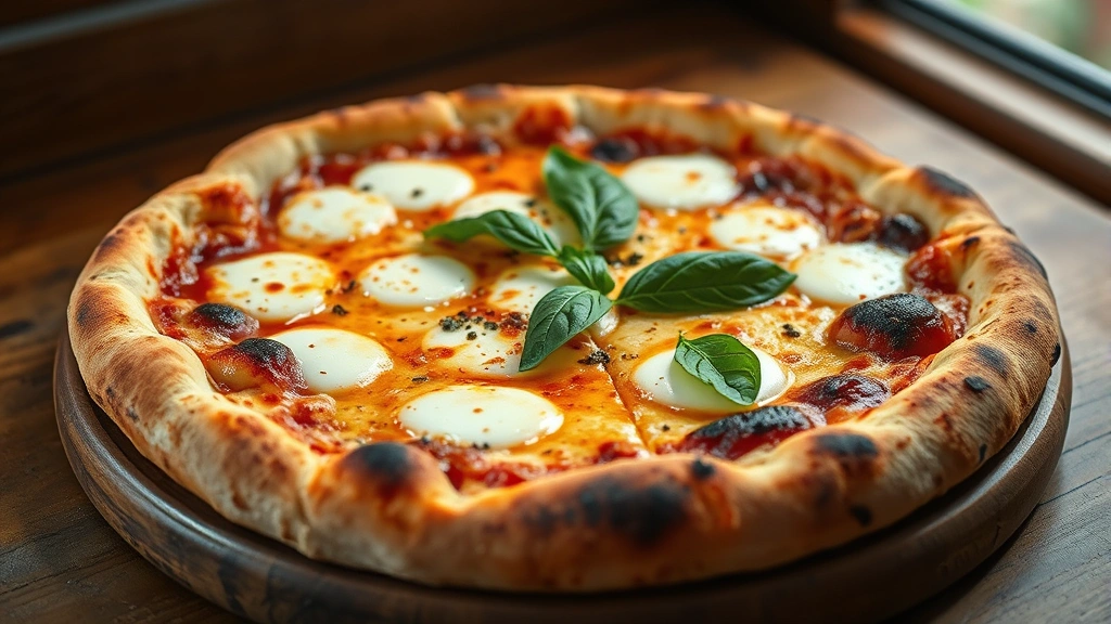hero: golden-brown sourdough pizza with melted mozzarella, fresh basil, and charred crust edges, photorealistic, natural window light, rustic wooden table background, no text
