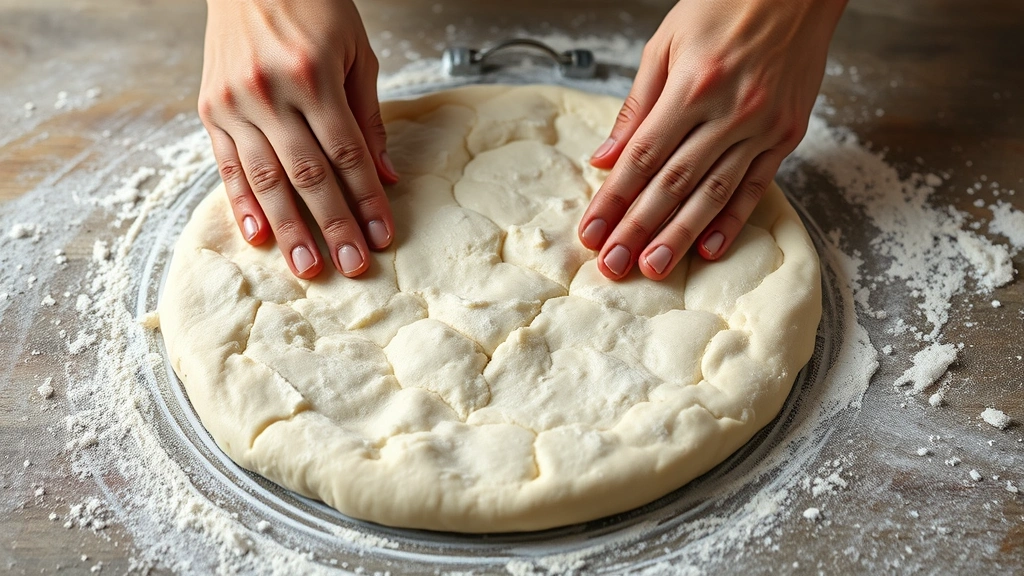 process: hands stretching sourdough pizza dough into thin round shape on flour-dusted surface, photorealistic, natural light, close action shot, no text
