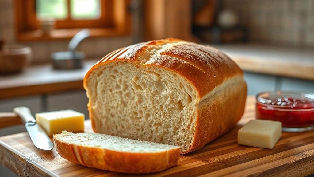 hero: freshly baked sourdough sandwich bread loaf with golden-brown crust and score mark visible, sliced to show tender white crumb interior, warm from oven, sitting on wooden cutting board with butter and jam nearby, photorealistic, natural window light, rustic kitchen background, no text