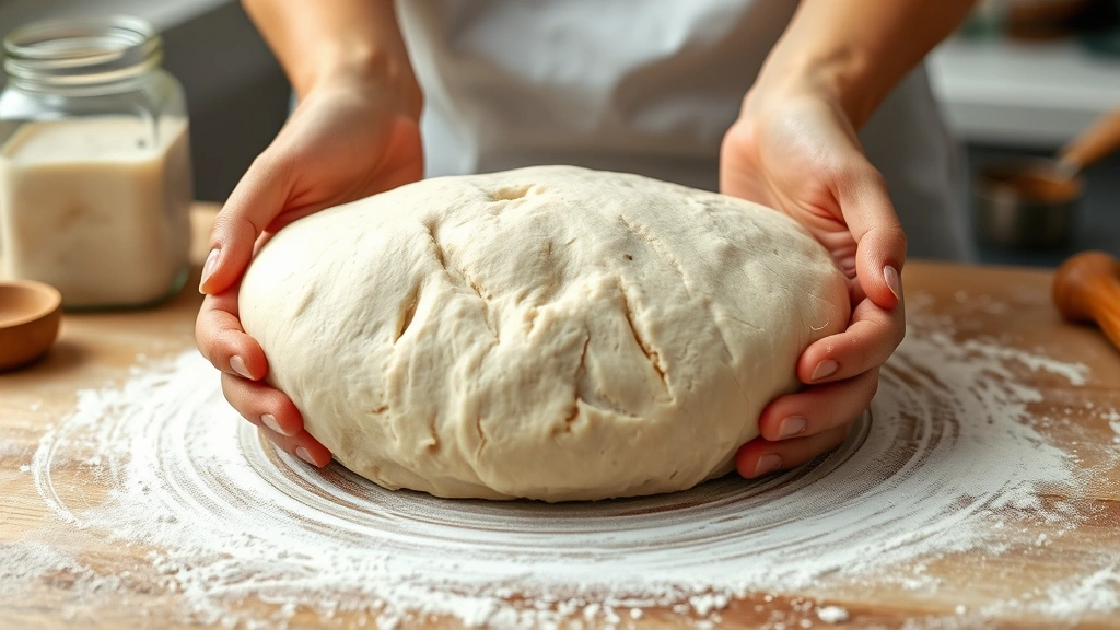 process: hands shaping sourdough dough into loaf form on floured work surface, showing proper shaping technique with tension visible in dough, sourdough starter jar and measuring tools in soft focus background, photorealistic, natural daylight, no text