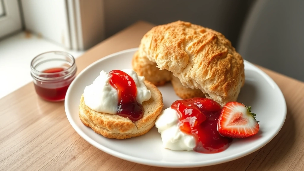 hero: golden-brown sourdough scones on white plate with clotted cream and strawberry jam, photorealistic, natural window light, no text, styled for food photography