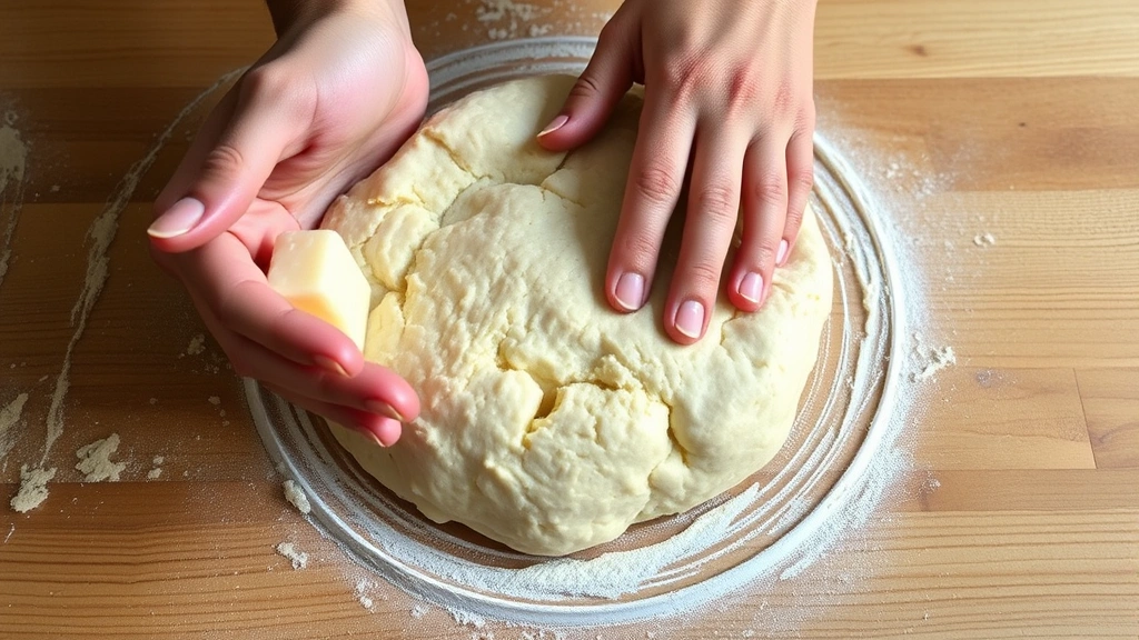 process: hands folding sourdough scone dough with cold butter visible, wooden surface, photorealistic, natural daylight, no text, showing baking technique