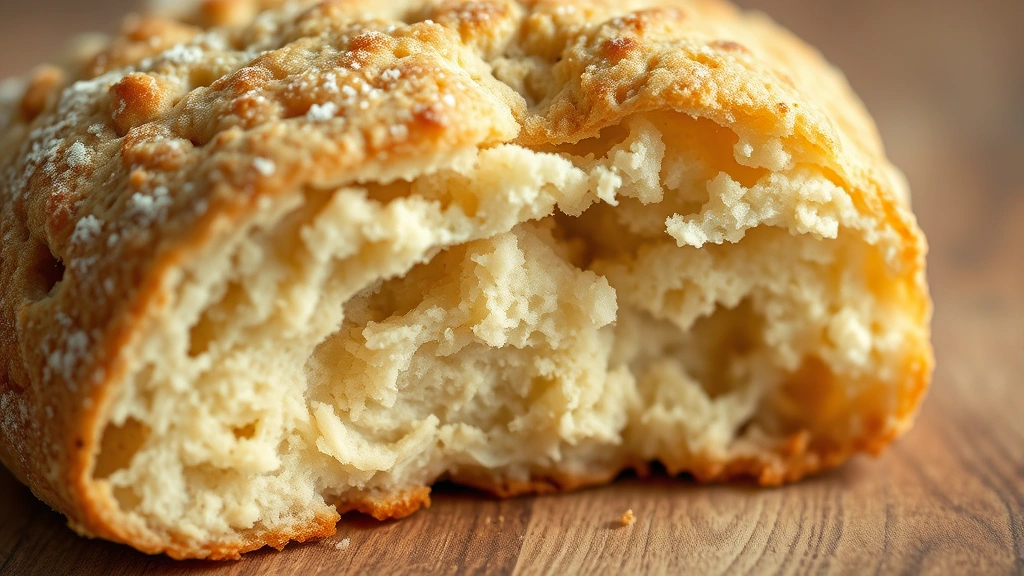 detail: close-up cross-section of split sourdough scone showing fluffy crumb interior and golden crust, photorealistic, macro photography, natural light, no text