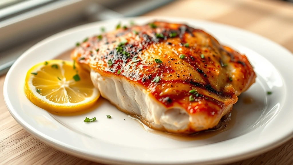 hero: perfectly cooked sous vide chicken breast on white plate with fresh herbs and lemon slice, golden-brown seared exterior, steam rising, natural window light, shallow depth of field