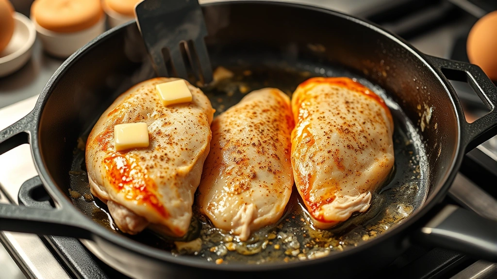 process: chef searing chicken breast in cast iron skillet with butter and garlic, golden crust forming, professional kitchen lighting, action shot with movement visible