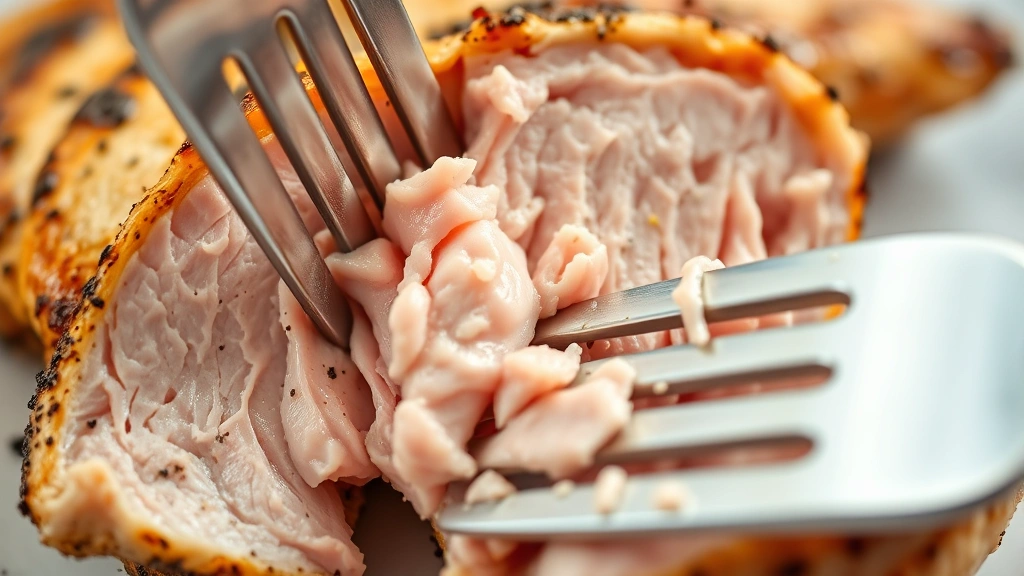 detail: close-up cross-section of cooked chicken breast showing perfectly pink juicy interior, fork cutting through meat, natural daylight, macro photography style