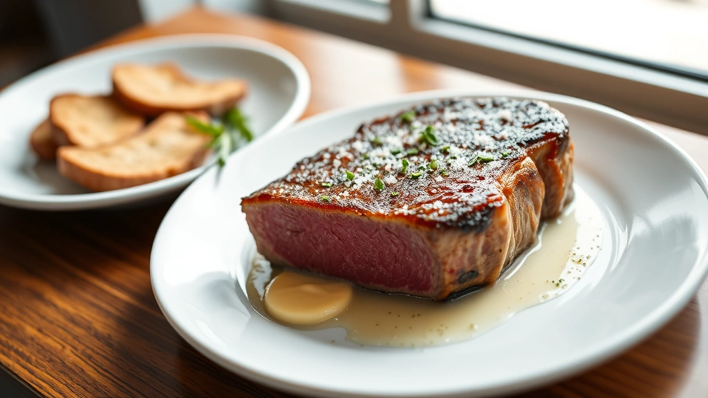 hero: perfectly seared sous vide steak on white plate with herb butter and sea salt, golden-brown crust, medium-rare interior visible, natural daylight from window, professional plating, no text or logos