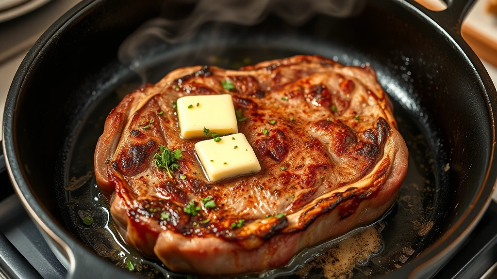 process: steak sizzling in cast iron skillet with butter and herbs, high heat, golden crust forming, steam rising, close angle showing the sear, natural kitchen lighting, no text