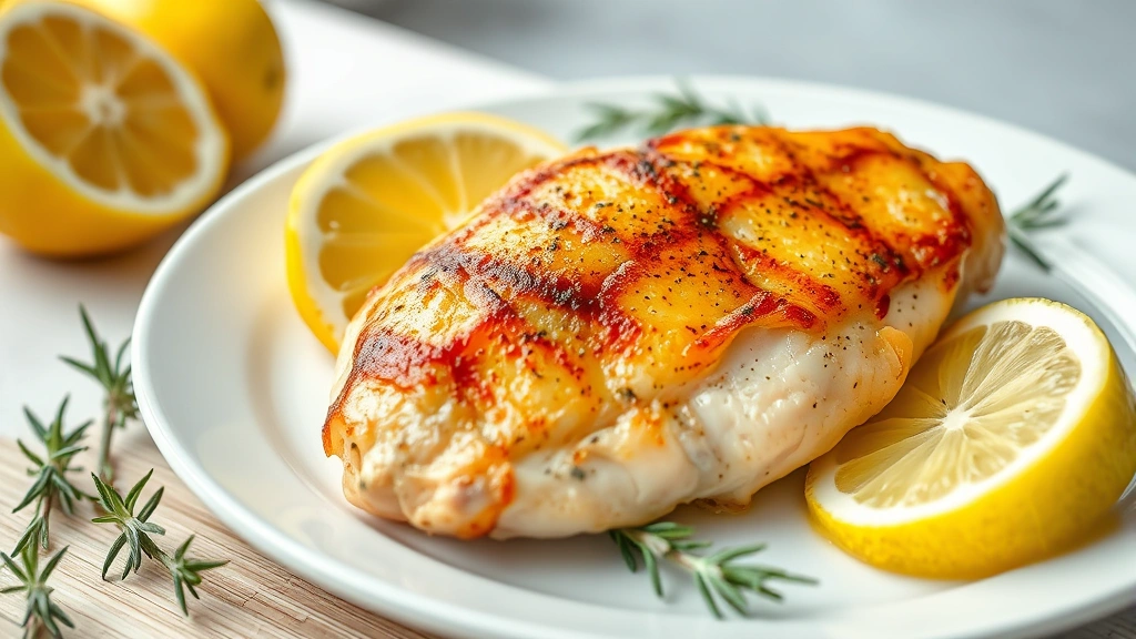 hero: golden-brown sous vide chicken breast on white plate with fresh lemon wedges and rosemary sprigs, photorealistic, soft natural window light, no text, professional food photography