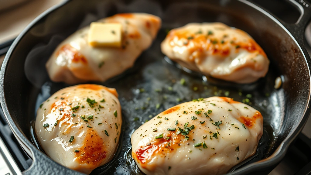 process: chicken breasts being seared in hot cast iron skillet with butter and herbs, photorealistic, natural kitchen light, steam rising, no text, action shot
