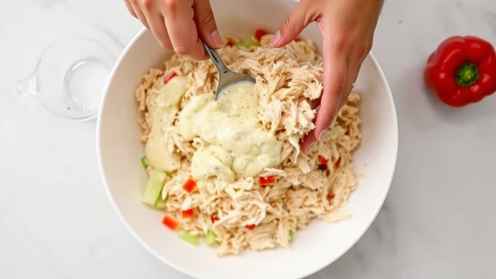 process: hands folding shredded chicken with creamy dressing in a large white bowl, celery and red bell pepper visible, overhead shot, natural kitchen lighting, no text