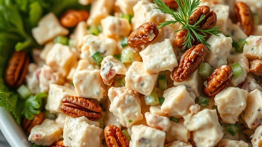 detail: close-up of finished chicken salad showing creamy texture, diced vegetables, pecans, and fresh dill garnish, shallow depth of field, bright natural light, no text