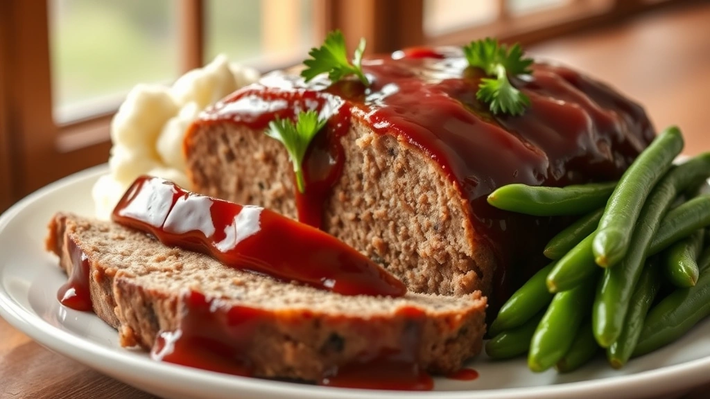 hero: sliced Southern meatloaf with glossy brown glaze, garnished with fresh parsley, served on white plate with mashed potatoes and green beans, warm natural window lighting, no text or watermarks