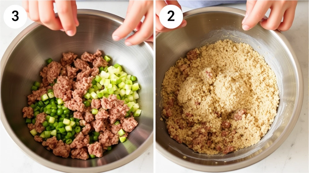 process: hands gently mixing ground beef with vegetables and breadcrumb mixture in stainless steel bowl, showing proper technique without overworking, natural kitchen lighting, no text or watermarks