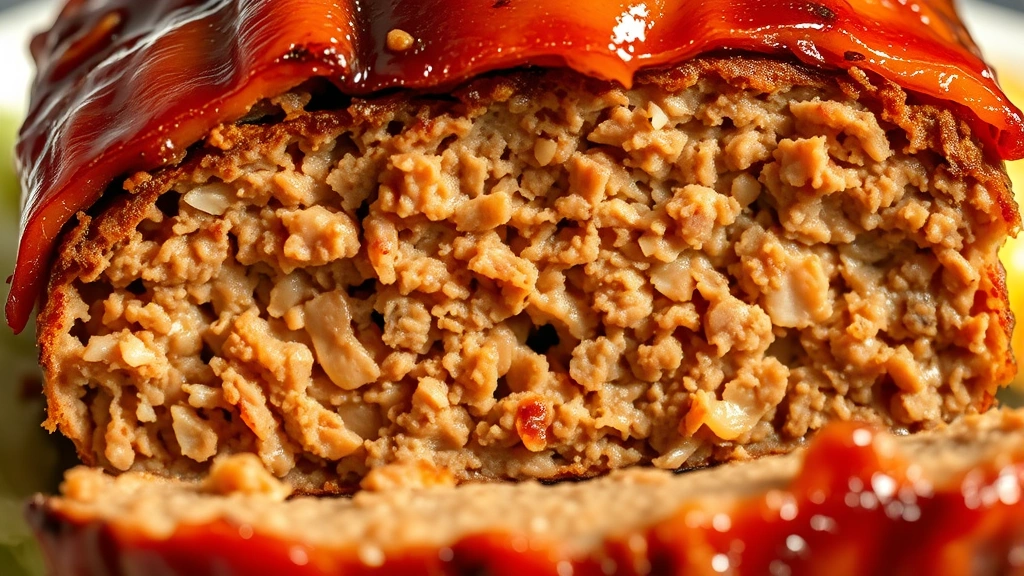 detail: close-up of perfectly cooked meatloaf slice showing tender interior texture and caramelized bacon exterior, golden glaze glistening, warm natural light, no text or watermarks