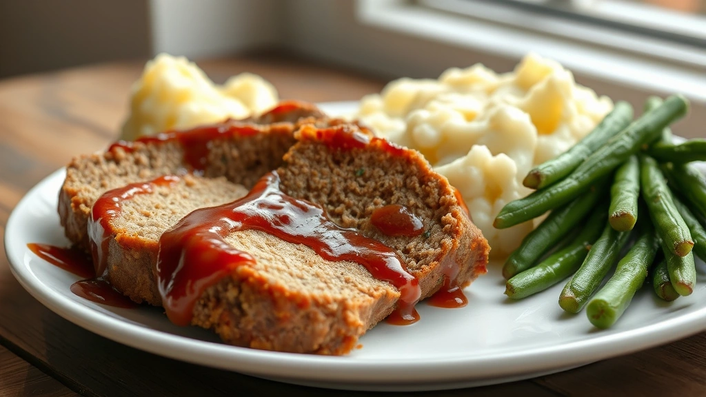 hero: sliced Southern meatloaf with glossy brown sugar ketchup glaze on white plate with mashed potatoes and green beans, photorealistic, natural window lighting, no text