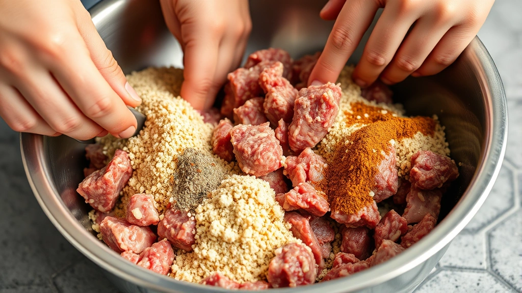 process: hands mixing raw ground beef and pork with breadcrumbs and seasonings in large stainless steel bowl, photorealistic, natural kitchen lighting, no text