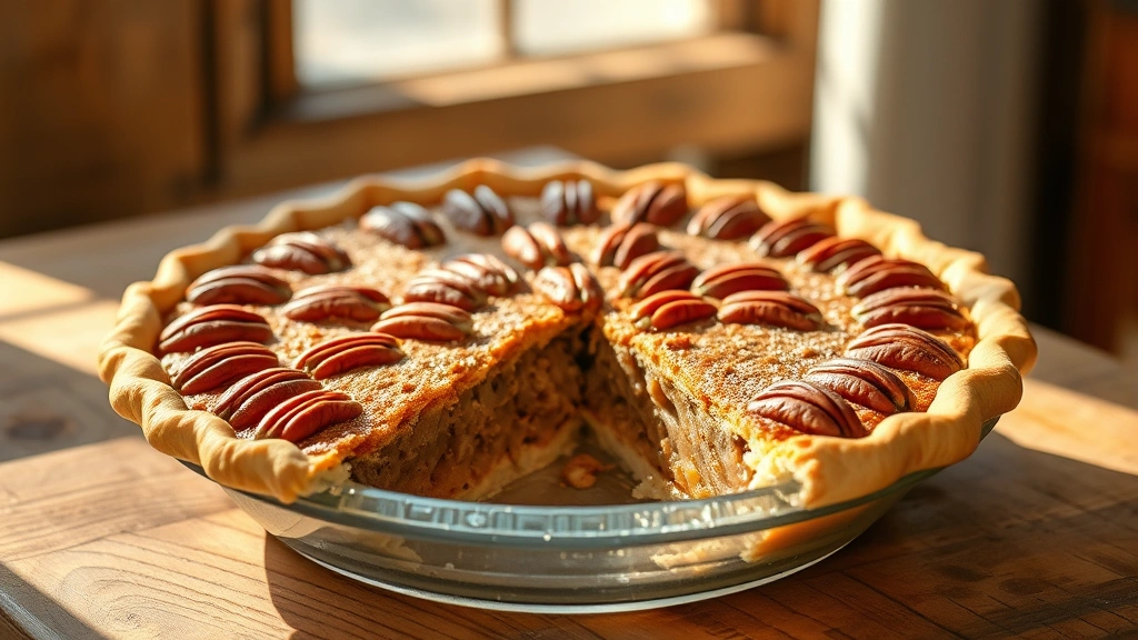 hero: golden-brown Southern pecan pie with pecans arranged on top, slice removed showing gooey filling, fresh from oven, natural afternoon light streaming through kitchen window, rustic wooden table background, no text visible