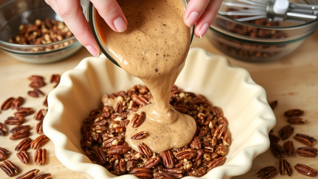 process: hands pouring pecan filling mixture into unbaked pie crust, pecans scattered nearby, mixing bowl with whisk in background, warm kitchen lighting, close-up angle showing texture of filling, no text visible