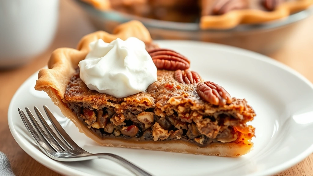 detail: close-up of slice of pecan pie on white plate with whipped cream, showing layers of crust and filling with toasted pecans visible, fork nearby, shallow depth of field, warm natural lighting, no text visible