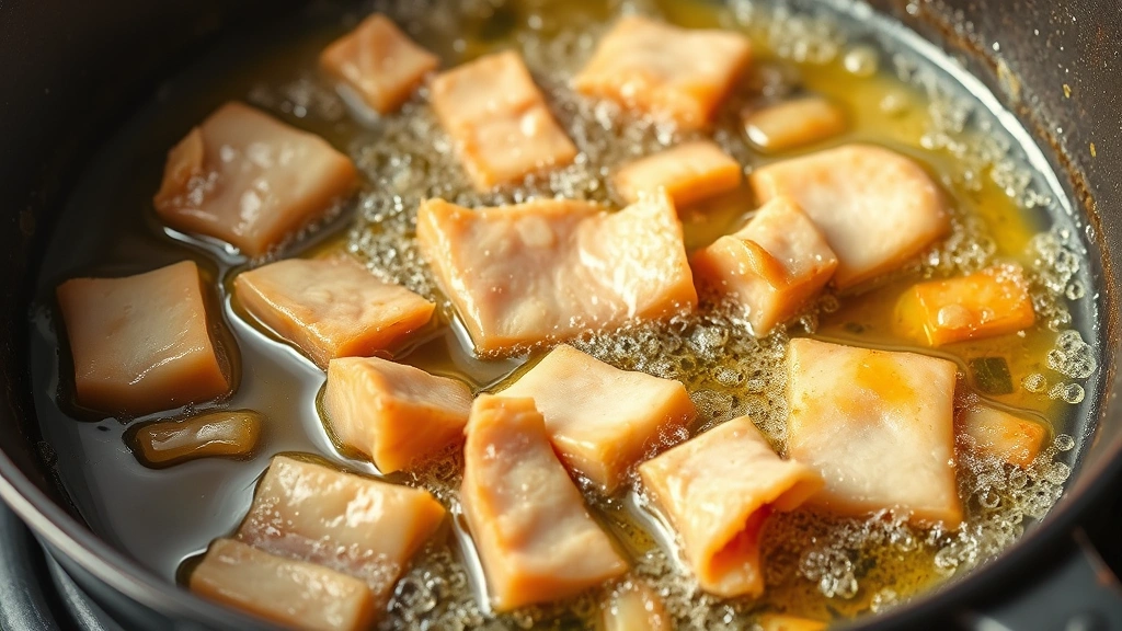 process: pork skin pieces frying in hot oil with visible bubbling and sizzle, golden color developing, cast iron pot, photorealistic, natural light, no text
