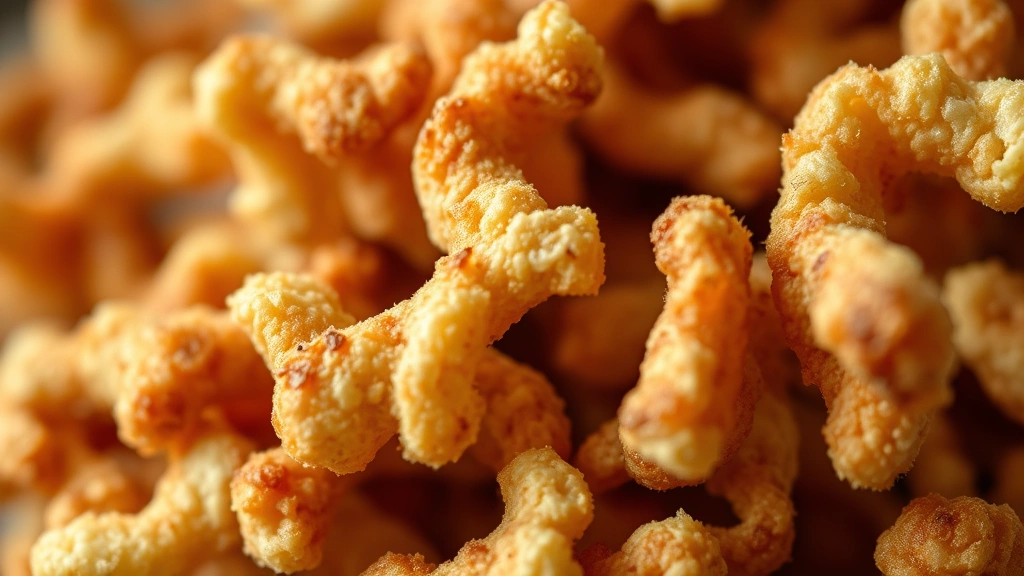 detail: close-up of individual puffed pork rinds showing crispy texture and seasoning coating, shallow depth of field, photorealistic, natural light, no text